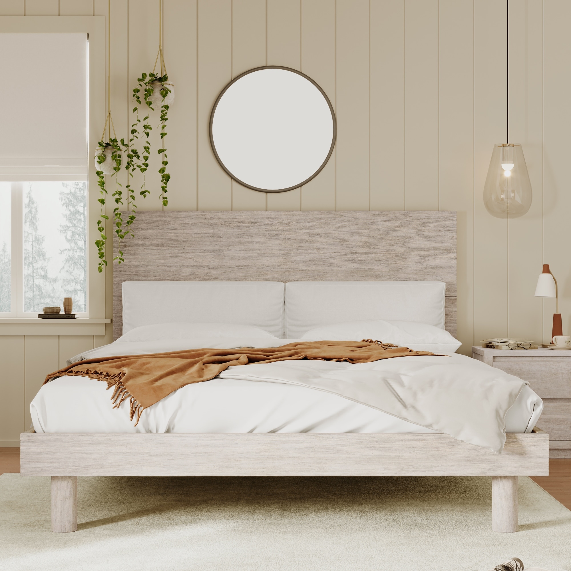 Modern Concise Style Platform Bed Frame with Solid Wood Grain Headboard for Bedroom 8 Wood Slats Support No Box Spring Needed