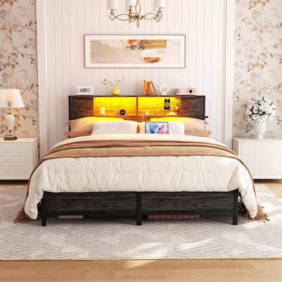 Storage Headboard Platform Bed Frame with Charge Station and LED Light
