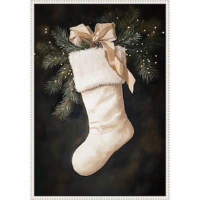 Christmas Stocking with Pine and Ribbon by Melloi Art Prints (23 x 33 in.), Framed Canvas Wall Art Print - Sylvie Beaded White