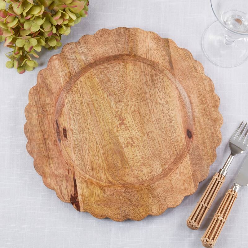Scalloped Mango Wood Decorative Charger Plates (Set of 4) - Round Table Chargers for Dining & Entertaining, 13"