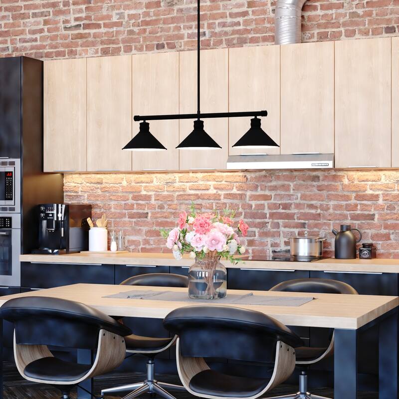 Akron 3L Bronze Farmhouse Linear Chandelier Island Pendant Fixture Pool Table Light - 35.75-in W x 14.25-in H x 9.75-in D