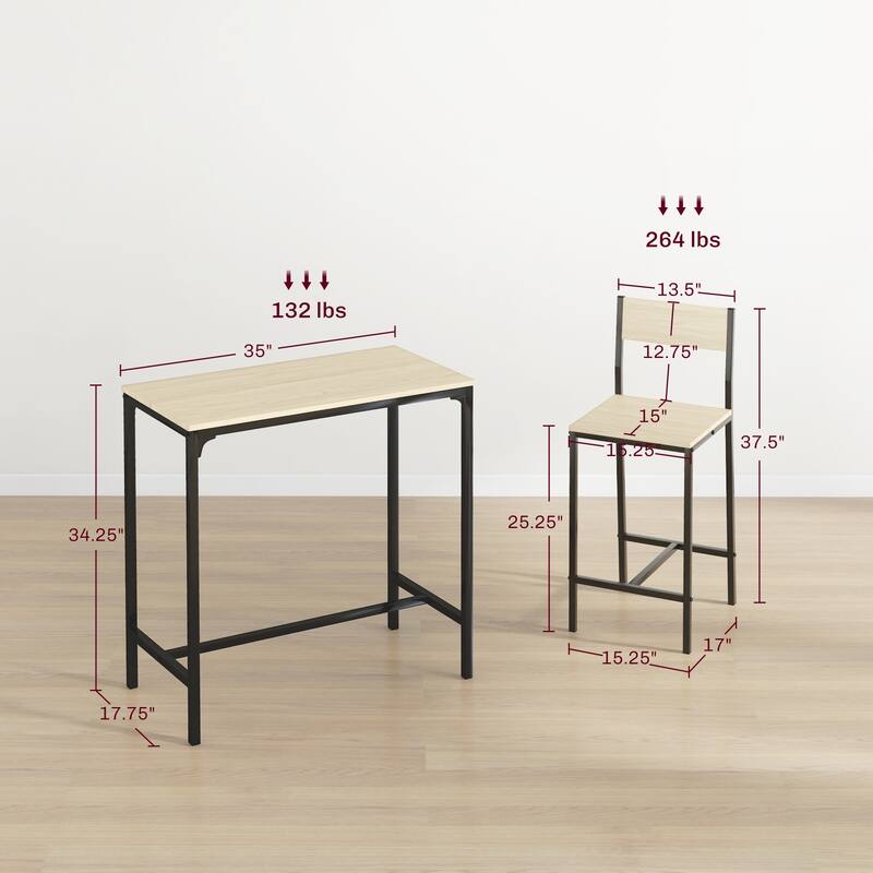Modern 3-Piece Dining Set with Rectangular Counter Height Table & 2 Open Back Chairs