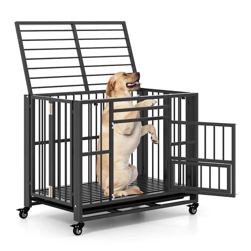 Gymax Foldable Heavy-Duty Metal Dog Cage w/ Lockable Universal Wheels