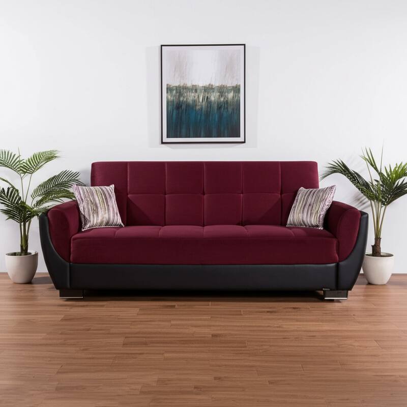 HomeRoots 93" Burgundy Microfiber And Faux Leather Convertible Futon Sleeper Sofa And Toss Pillows With Storage - Burgundy