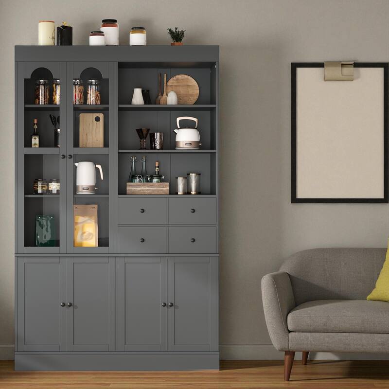 75" Freestanding Kitchen Pantry Buffet with Hutch, 4 Drawers, Glass Doors, Adjustable Shelves and Pull-Out Trays