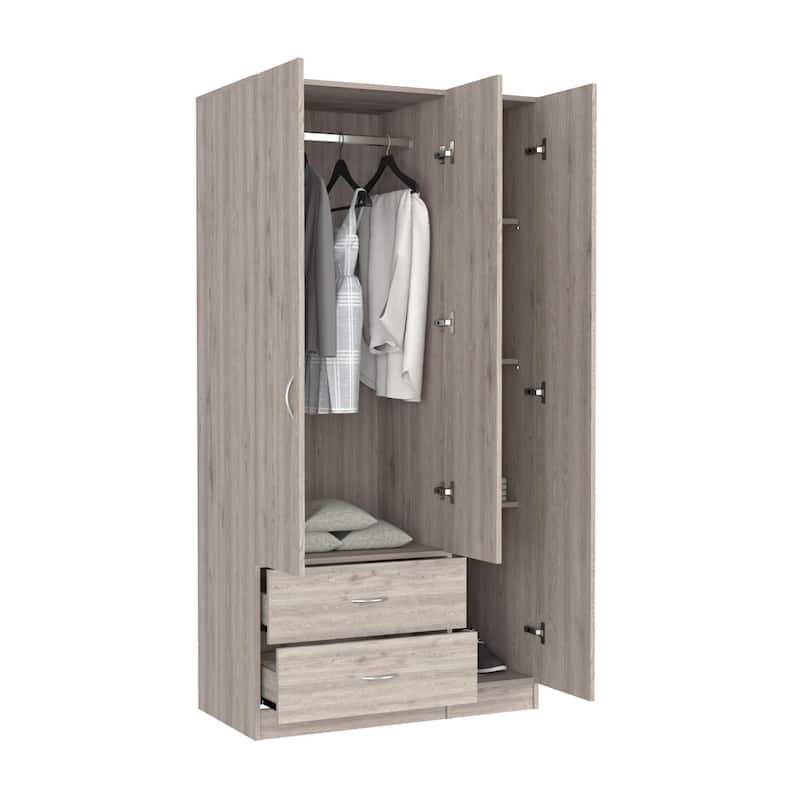 Three Door Armoire, Bedroom,Double Door Cabinet with Clothing Rod included , Light Gray