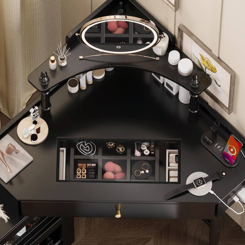 Triangle Makeup Desk with Removable Pull-Out Side Cabinet, Glass Tabletop Makeup Vanity with Drawer and Shelf