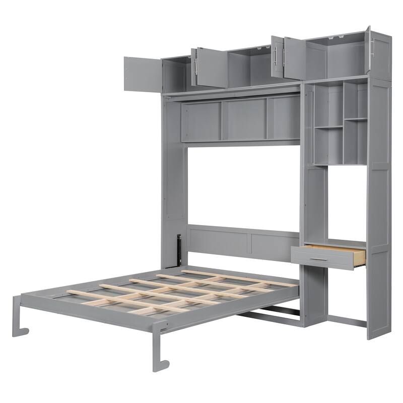 Queen Size Murphy Bed Hidden Cabinet with Desk and Drawer, Foldable Wood Wall Bed Frame with Top Cabinet & Storage Shelves