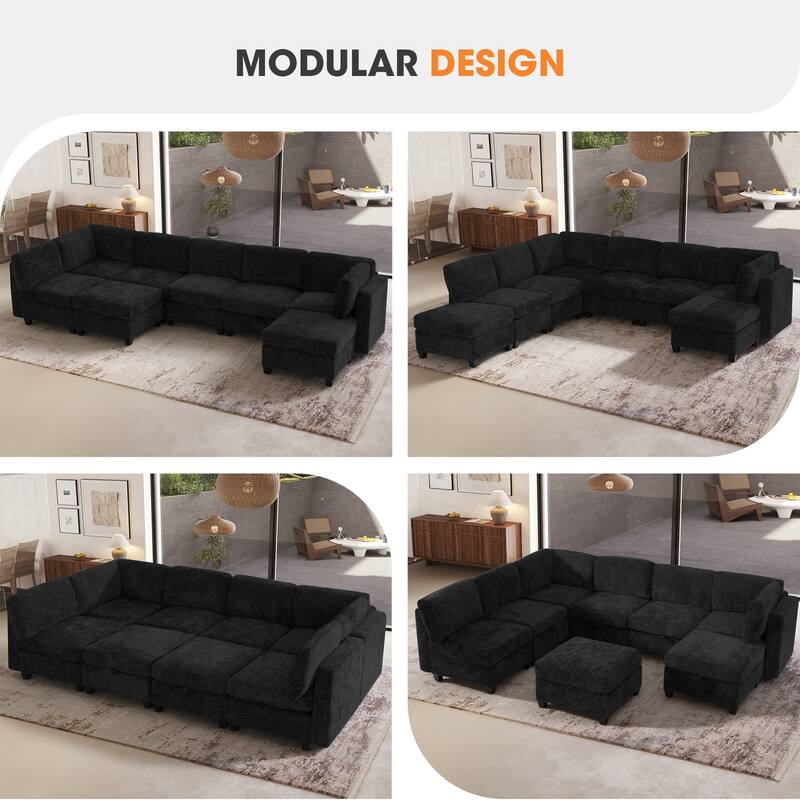 GDFStudio - Chenille Fabric 8-Seat 128" Modular Sectional Sofa with Storage & Solid Wood Frame
