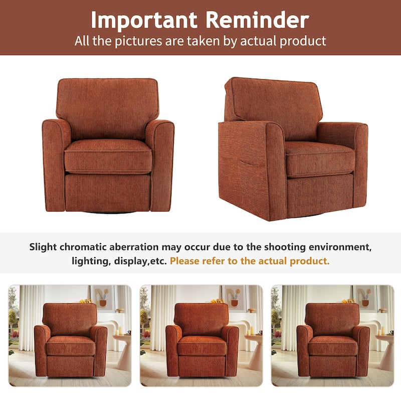 360 Degree Swivel Chair for Living Room, Swivel Accent Chair with Armrest, Chenille Sofa Chair with Side Pockets