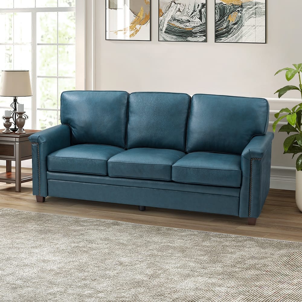 Rita Transitional Living Room 3-Seat Genuine Leather Nailhead Sofa with Solid Wood Legs and Removable Cushions