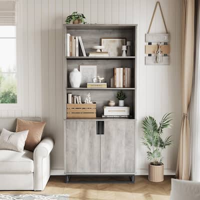 71" Tall Bookcase with Doors, 5-Tier Farmhouse Bookshelf with Storage Cabinet & Adjustable Shelves