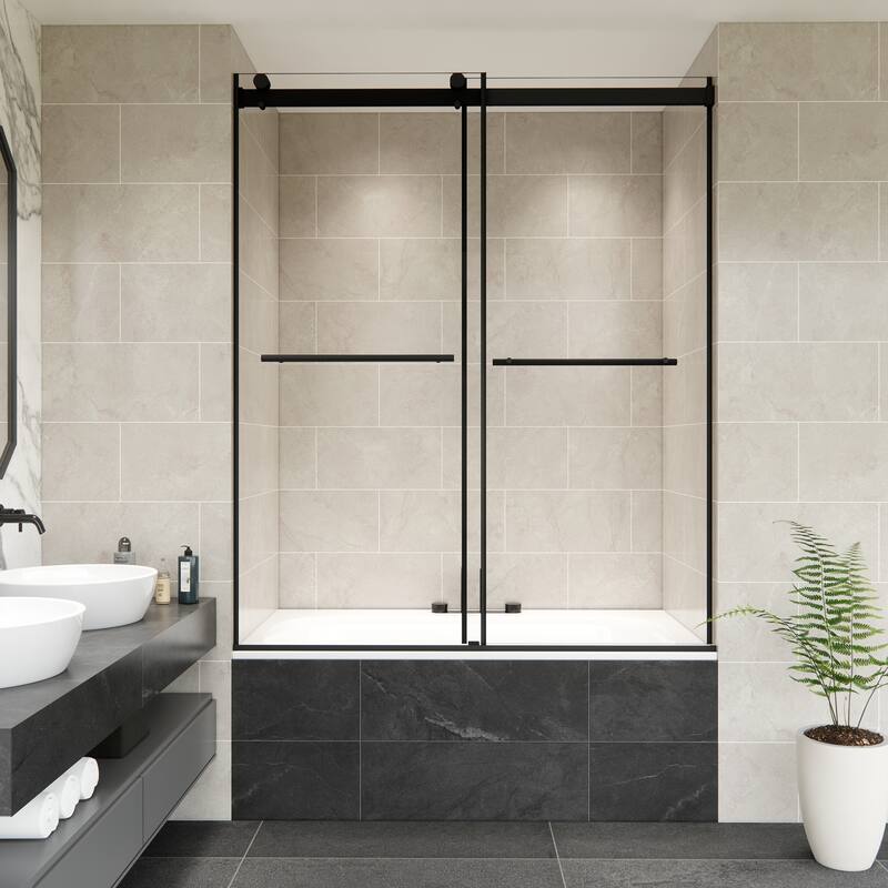 Altair Belizzi By Pass Frameless Tub Door in Matte Black Finish with Clear Glass - 60"W x 58"H - 60"W x 58"H