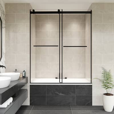 Altair Belizzi By Pass Frameless Tub Door in Matte Black Finish with Clear Glass - 60"W x 58"H