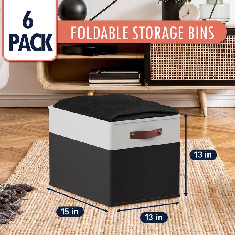 Foldable Collapsible Storage Box Bins Linen Fabric Shelf Basket Cube Organizer with Leather Handles - Set of 6