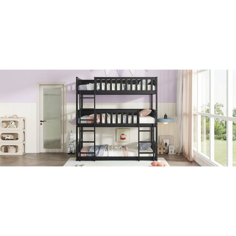 Roomfitters Twin Triple Bunk Bed, Rubber Wood Detachable Design with Ladders and Guardrails, Twin over Twin over Twin