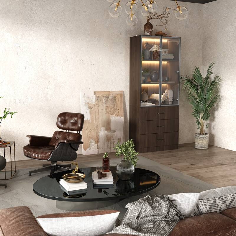 LED-Lit Wood Grain Cabinet - Configurable Storage for Home or Office