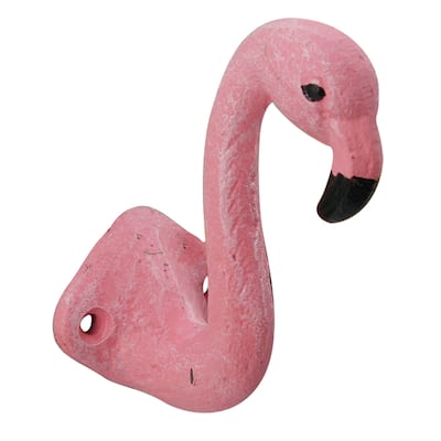 Pink Flamingo Head Single Wall Hook Distressed Cast Iron 4 Inches