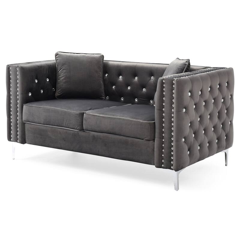 Tufted Nailhead Trim Velvet 2-Seater Sofa with Throw Pillows - 63" - Gray