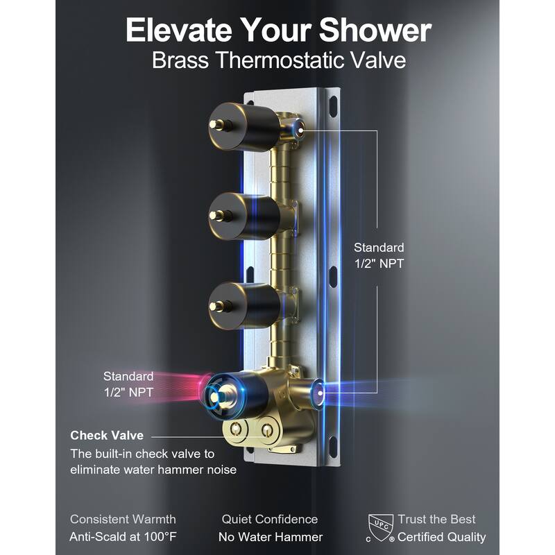 GRANDJOY Shower System 12 inch Ceiling and 6 inch Wall Mount Rainfall Dual Shower Heads with LED Handheld Spray Thermostatic