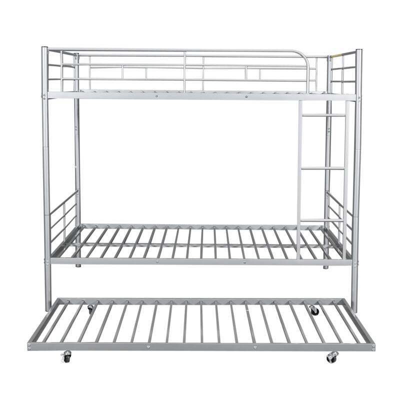 Full Over Full Metal Bunk Bed with Trundle, Silver Finish, Sturdy Iron Frame