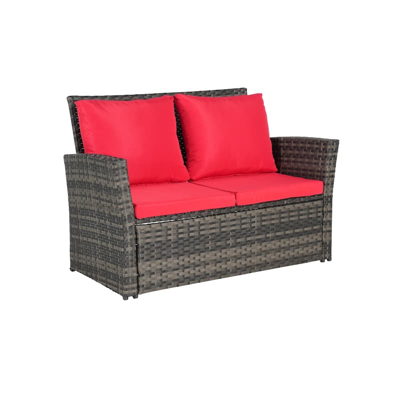 4-Piece Outdoor Patio Rattan Conversation Sofa Set with Tempered Glass Coffee Table