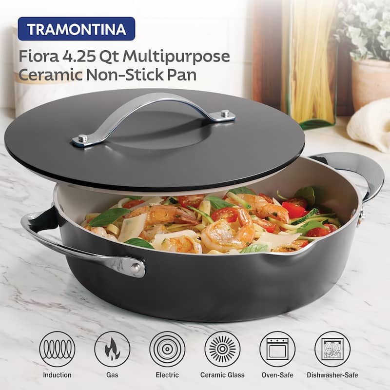 Fiora 4.25-Quart Multipurpose Ceramic Nonstick Cooking Pan with Lid, Gray
