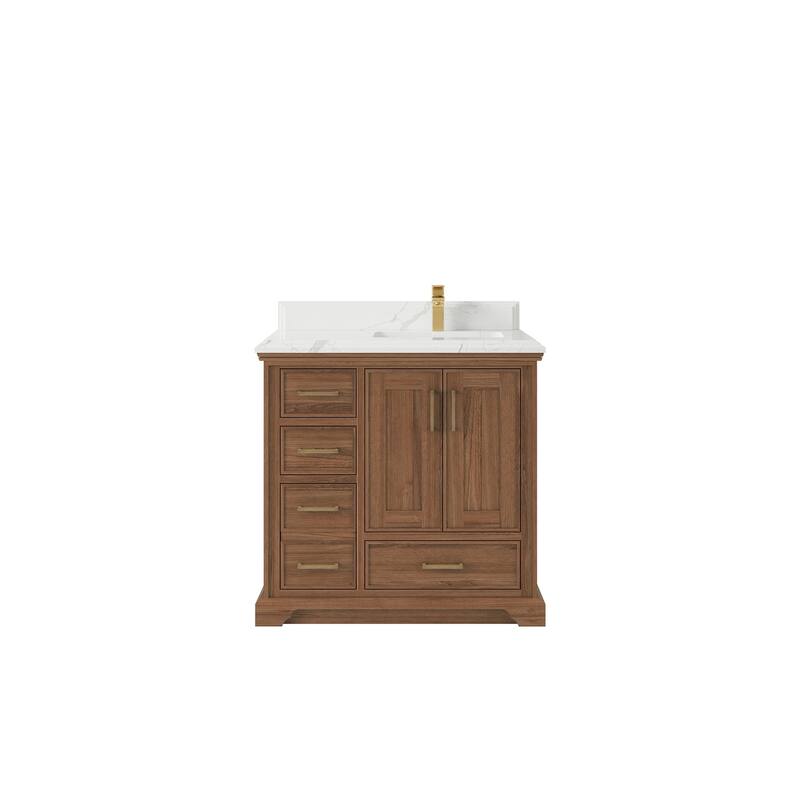 Willow Collections 36 in. W x 22 in. D Charlotte Teak Right Offset Sink Bathroom Solid Teak Vanity with Countertop - 1.5”Calacatta Laza - Dark Natural