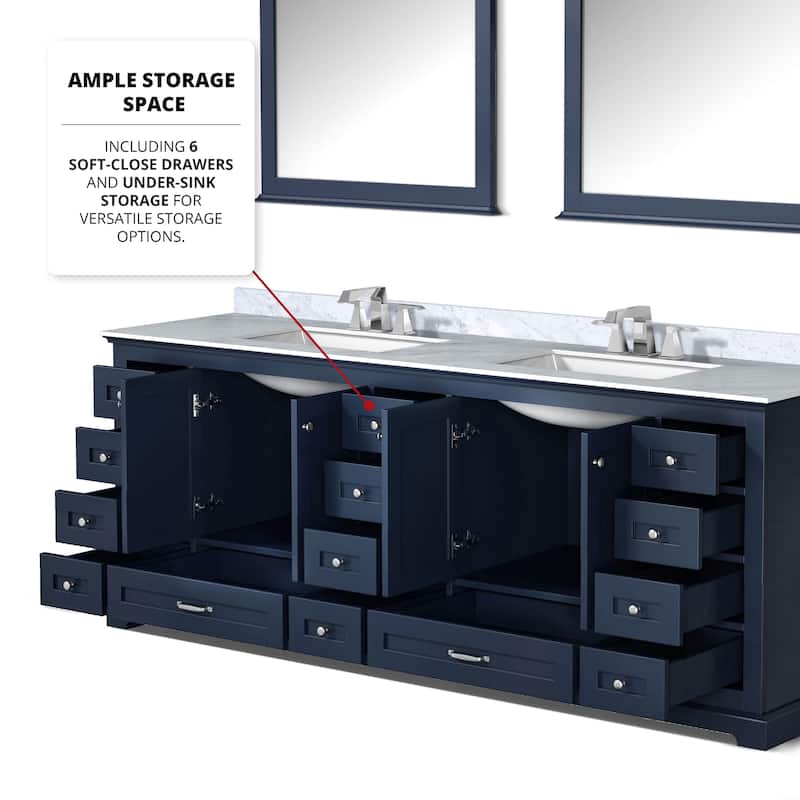 Dukes 84 in. W x 22 in. D Navy Blue Double Bath Vanity, Carrara Marble Top, Faucet Set, and 34 in. Mirrors