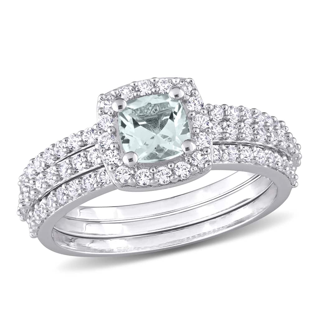 Miadora 1 1/3ct TGW Aquamarine Created White Sapphire Bridal Set Sterling Silver