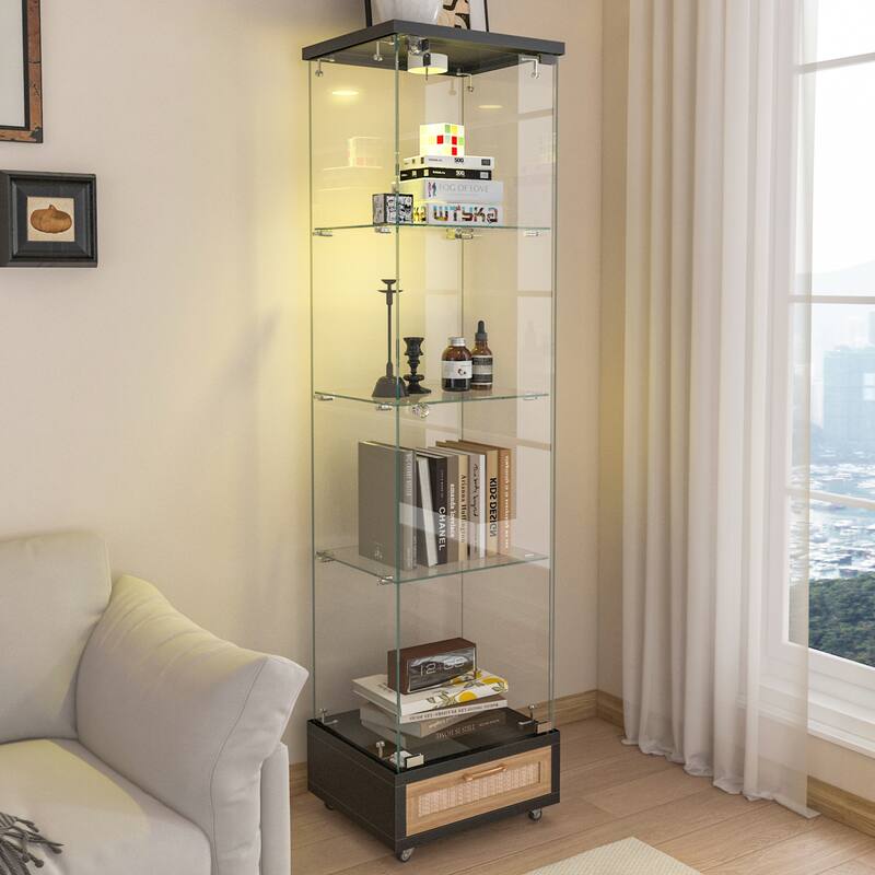 Glass Display Cabinet With Drawer,Cabinet With Led Lights,Tempered Glass Bookshelf, 1-Door Storage Case With 4 Shelves