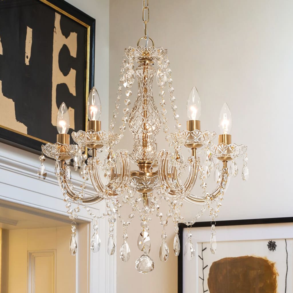 5-Light Luxury Glam Brass Finish Crystal Adjustable Hanging Chandelier for Living Room - 18.9 in. W x 19.3 in. H x 18.9 in. D