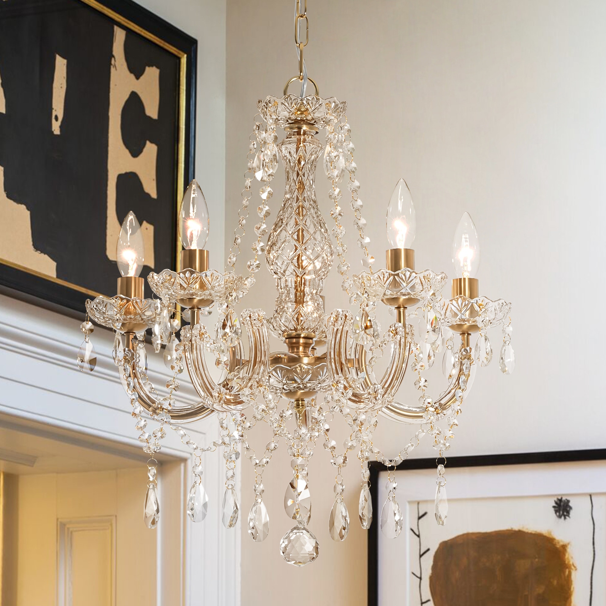 5-Light Luxury Glam Brass Finish Crystal Adjustable Hanging Chandelier for Living Room - 18.9 in. W x 19.3 in. H x 18.9 in. D