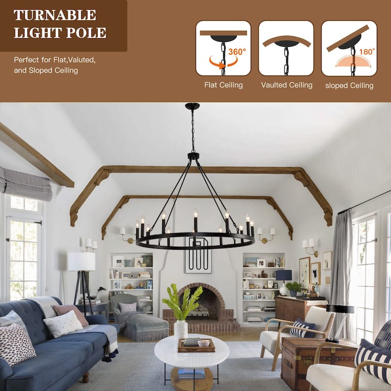 Black Wagon Wheel Chandelier 12-Light Adjustable Farmhouse Pendant Light for Dining Room Entryway