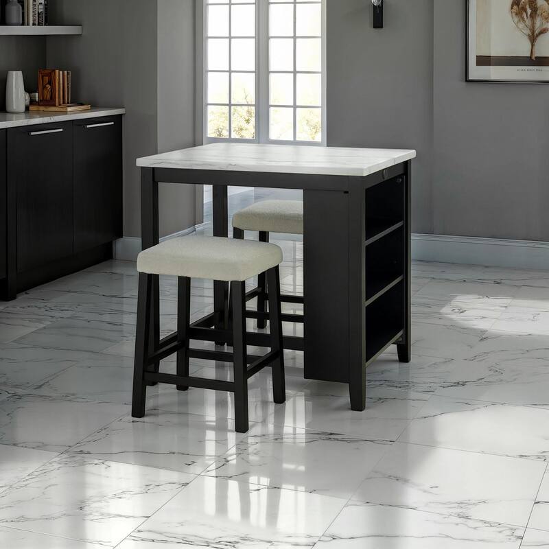 Black Finish Modern 3pc Dining Set USB Port Table and Stool - 3-Piece Set