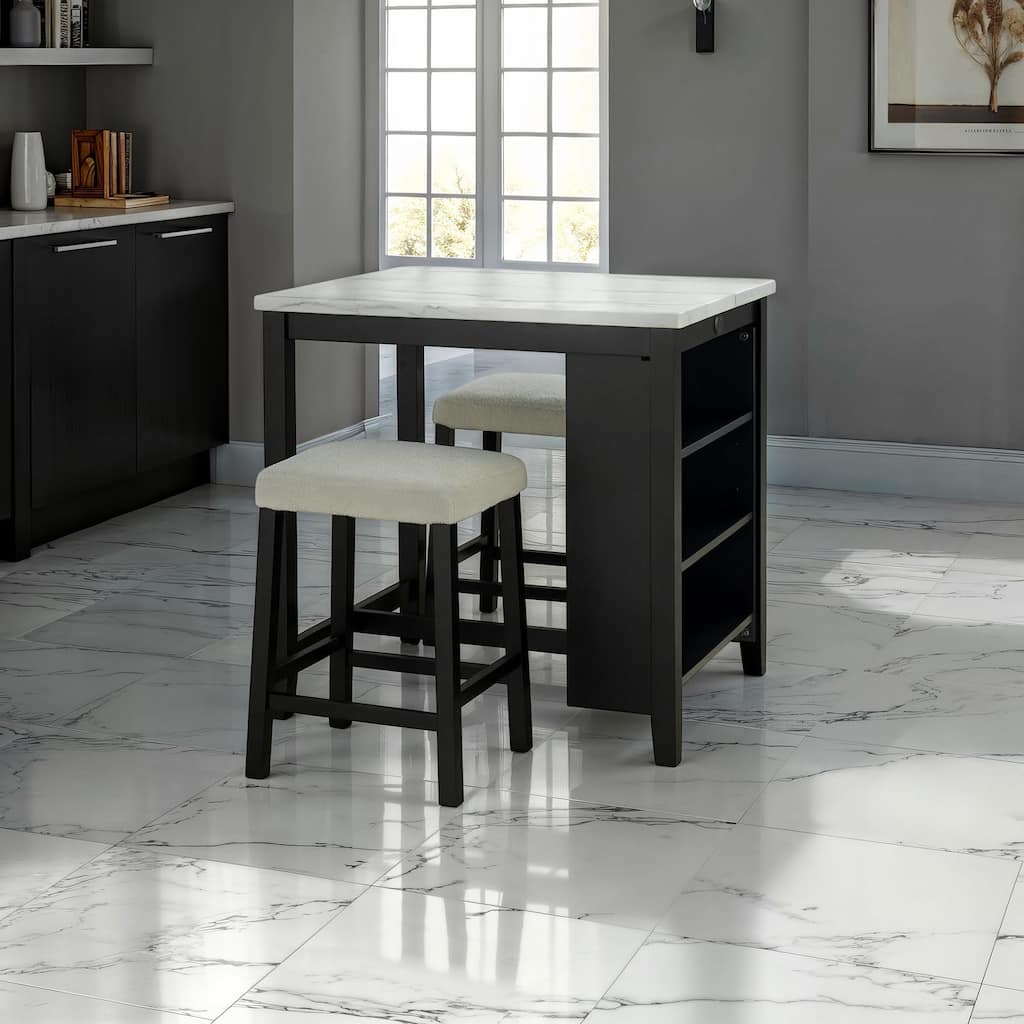 Black Finish Modern 3pc Dining Set USB Port Table and Stool - 3-Piece Set