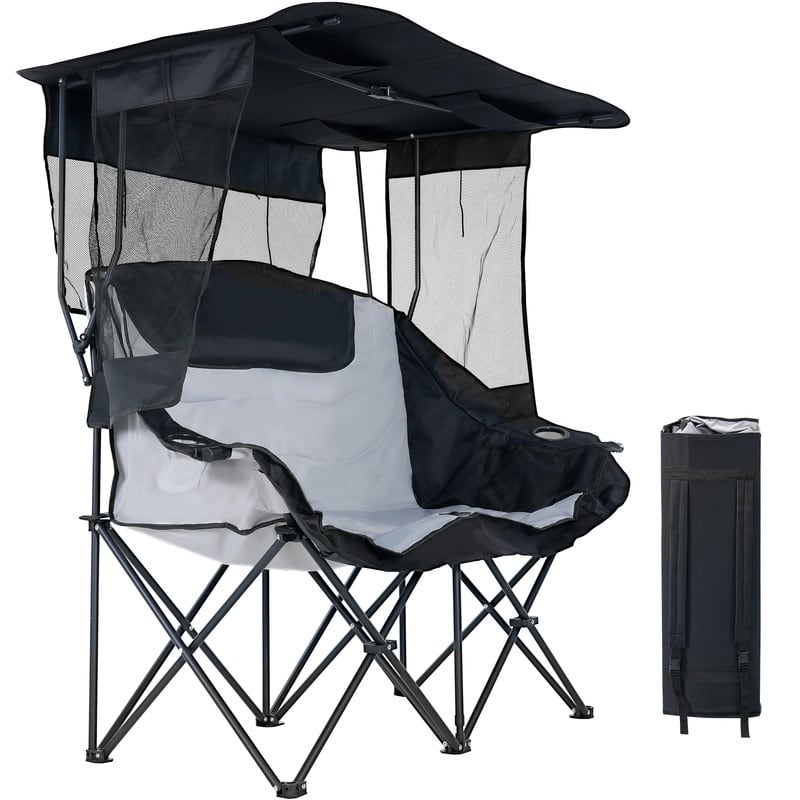 Double Beach Chair with Canopy Shade, Cup Holder and Side Pocket - Black