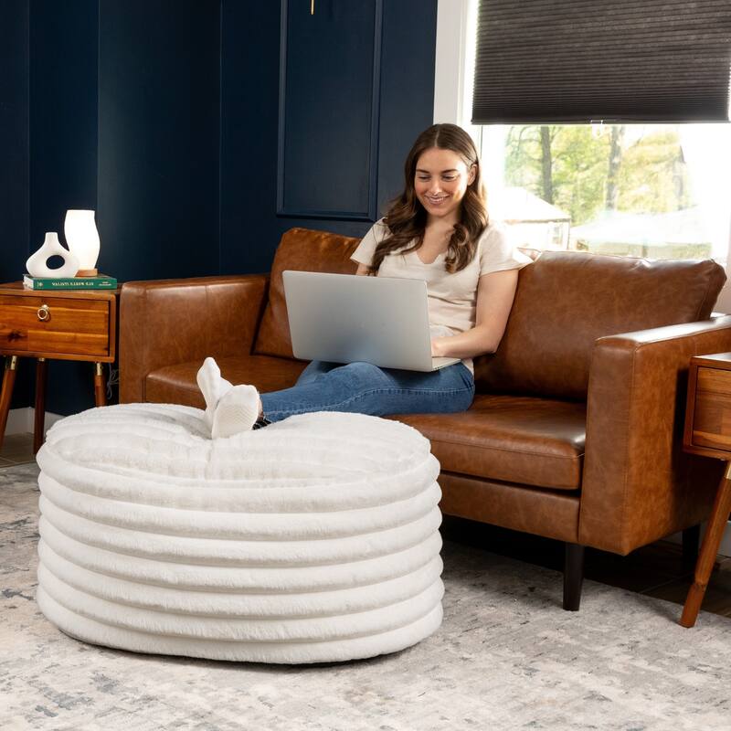Large Plush Faux Fur Ribbed Pouf Ottoman - 35" - Cream