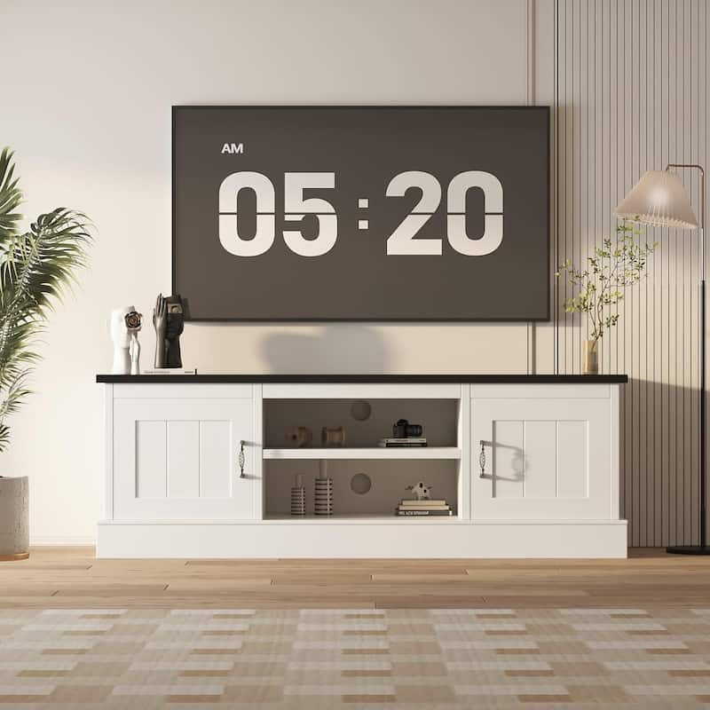 Farmhouse TV Stand for 65 Inch TVs Entertainment Center with Storage Cabinets, Media Console Table - Black
