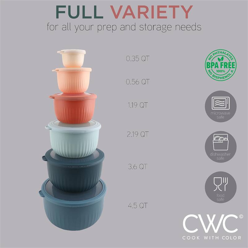 COOK WITH COLOR Prep Bowls with Lids- Wide and Deep Nesting Plastic Small Mixing Bowl Set with Lids, 12 Piece Set - Deep Bowls