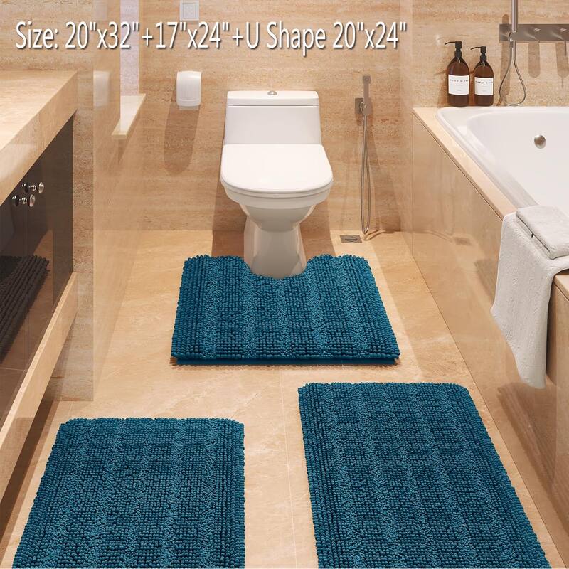 Ultra Soft Striped Non Slip Chenille Bathroom Rug Set 3 Pieces