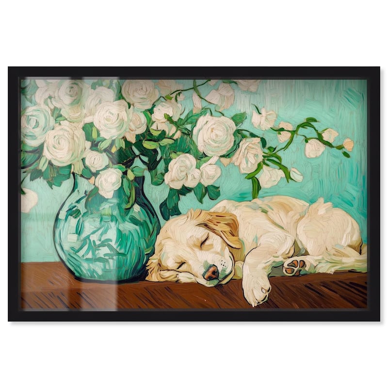Rose Vase Puppy Shadowbox by Art Remedy - Black - 36" x 24"