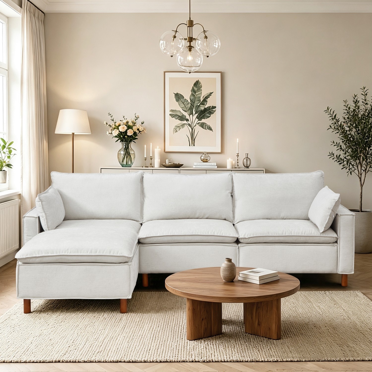 108.5" Modular L-Shaped Chenille Sectional Sofa with Ottoman