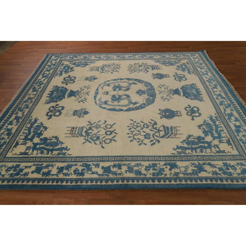 Hand Knotted Oriental 100% Wool Carpet Traditional Geometric Beige & Ivories Art Deco Area Rug - 7' 11'' X 8' 1''