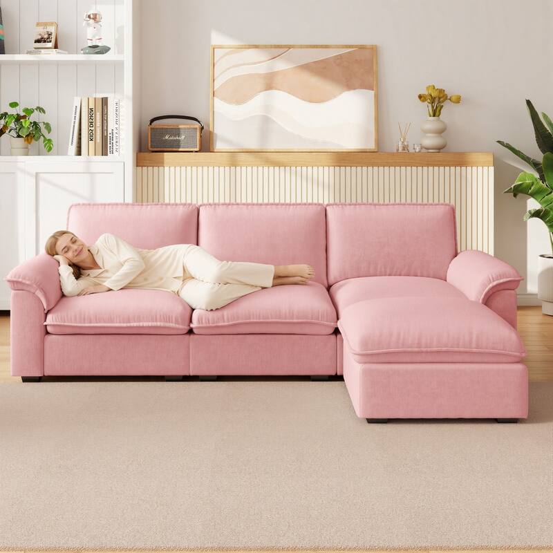 102" L-Shaped Chenille Sectional Sofa with Movable Ottoman