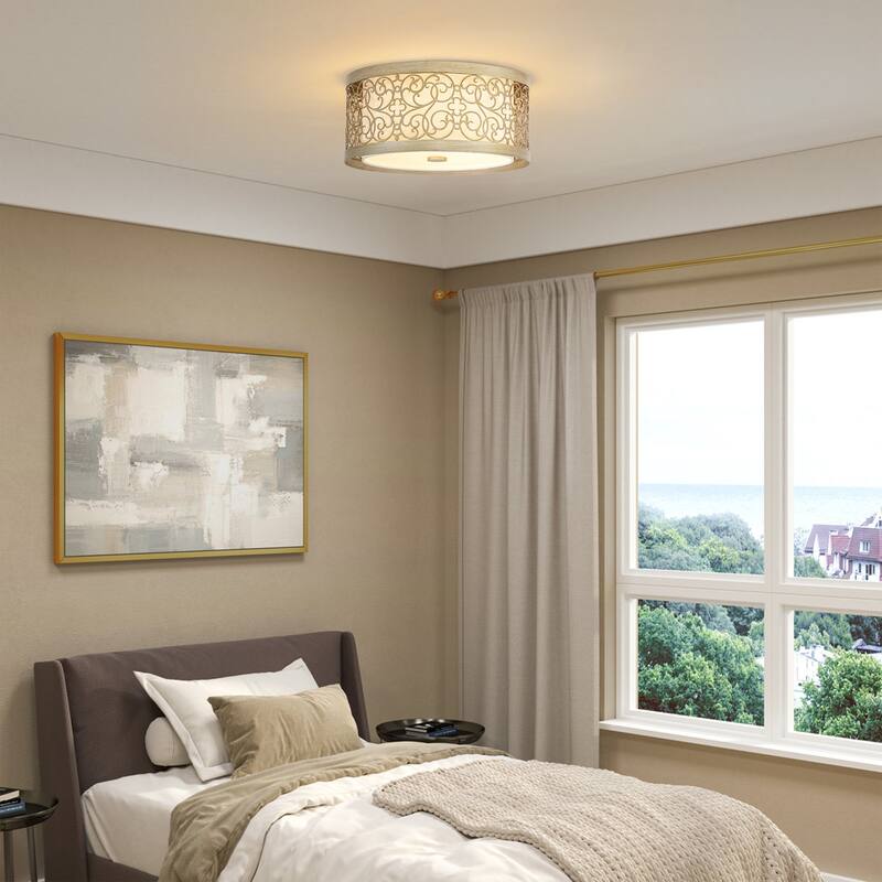 2-Light Mid-Century Modern Unqiue Handcrafted Sunset Gold Flush Mount Light with White Fabric Shade for Living Room & Bedroom