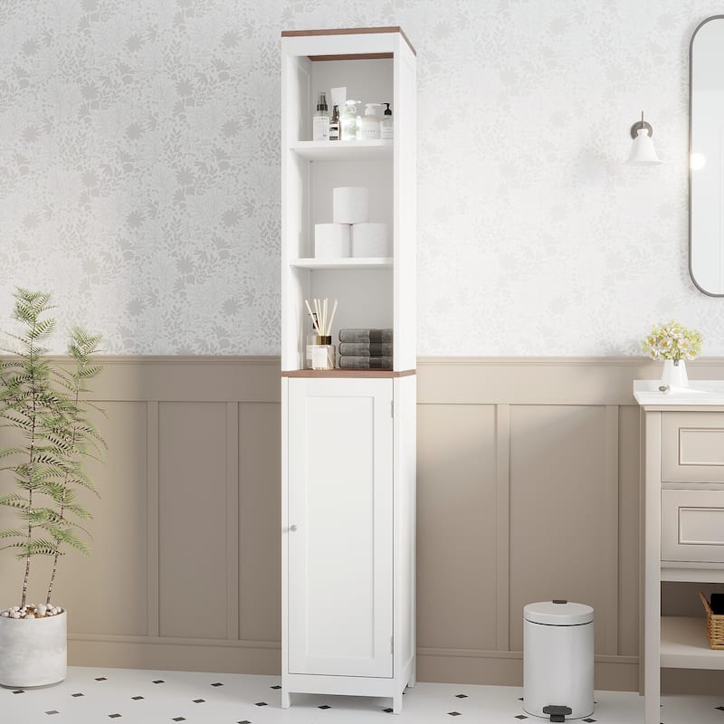 Tall Bathroom Storage Cabinet with Reversible Door, Freestanding Linen Tower with Open Shelves and Enclosed Cabinet