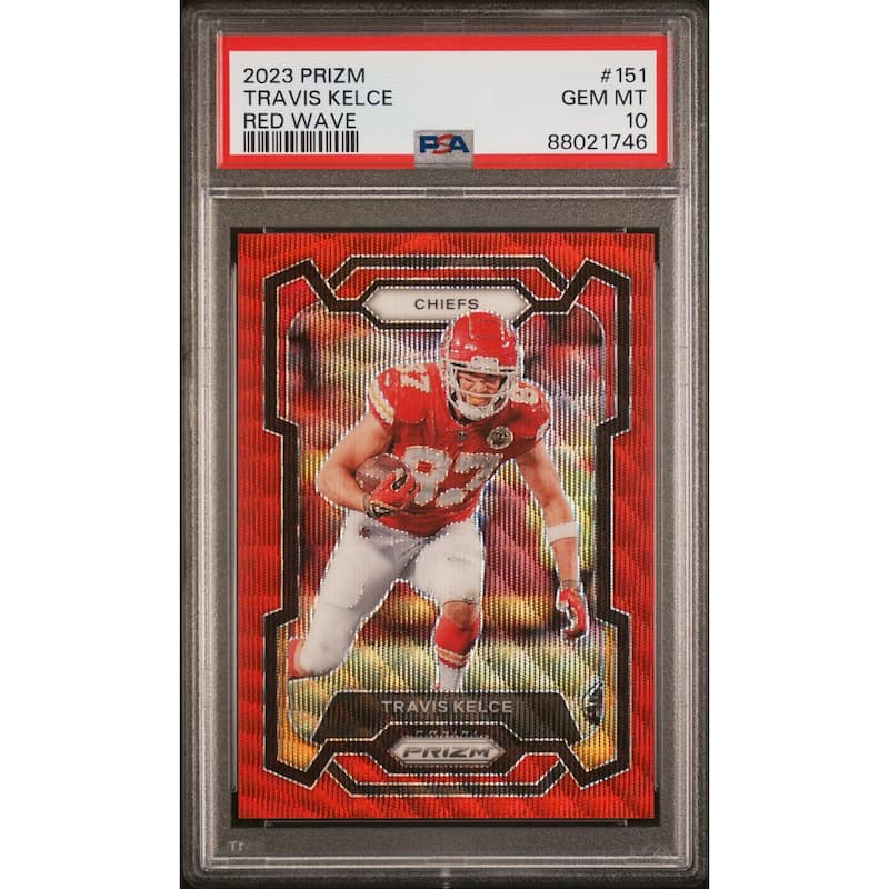 Travis Kelce 2023 Panini Prizm Red Wave Football Card #151 Graded PSA 10 138/149 Cert # 88021746 - 8' x 11'