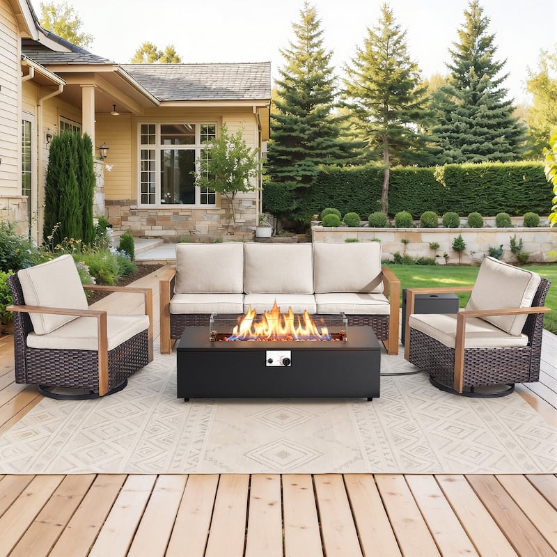 Meyreso Wicker Outdoor Patio Fire Pit Set with Swivel Gliders & 4.5-Inch Olefin Cushions