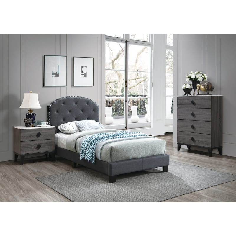 Charcoal Burlap Twin Bed with Nailhead Trim & Button Tufted Headboard!